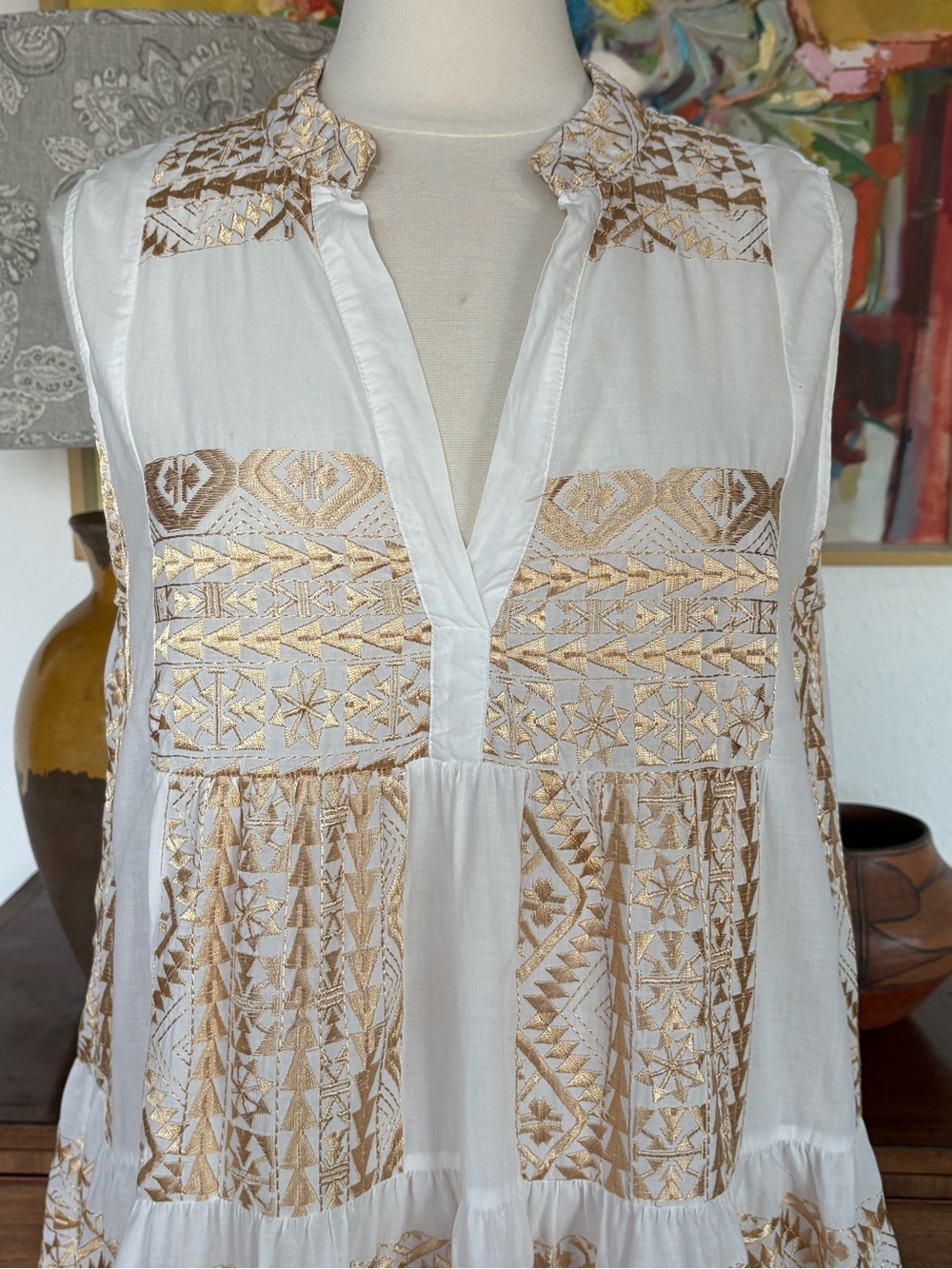 Greek Archaic Kori White and Gold Embroidered Sleeveless Tiered Dress - Picture 2 of 8